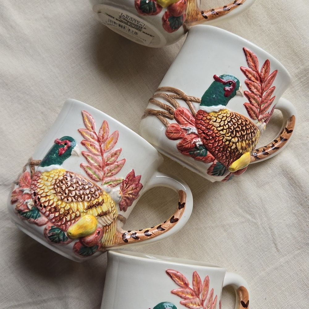 Lot Of 4 Colorful Handpainted Pheasant Embossed Mugs